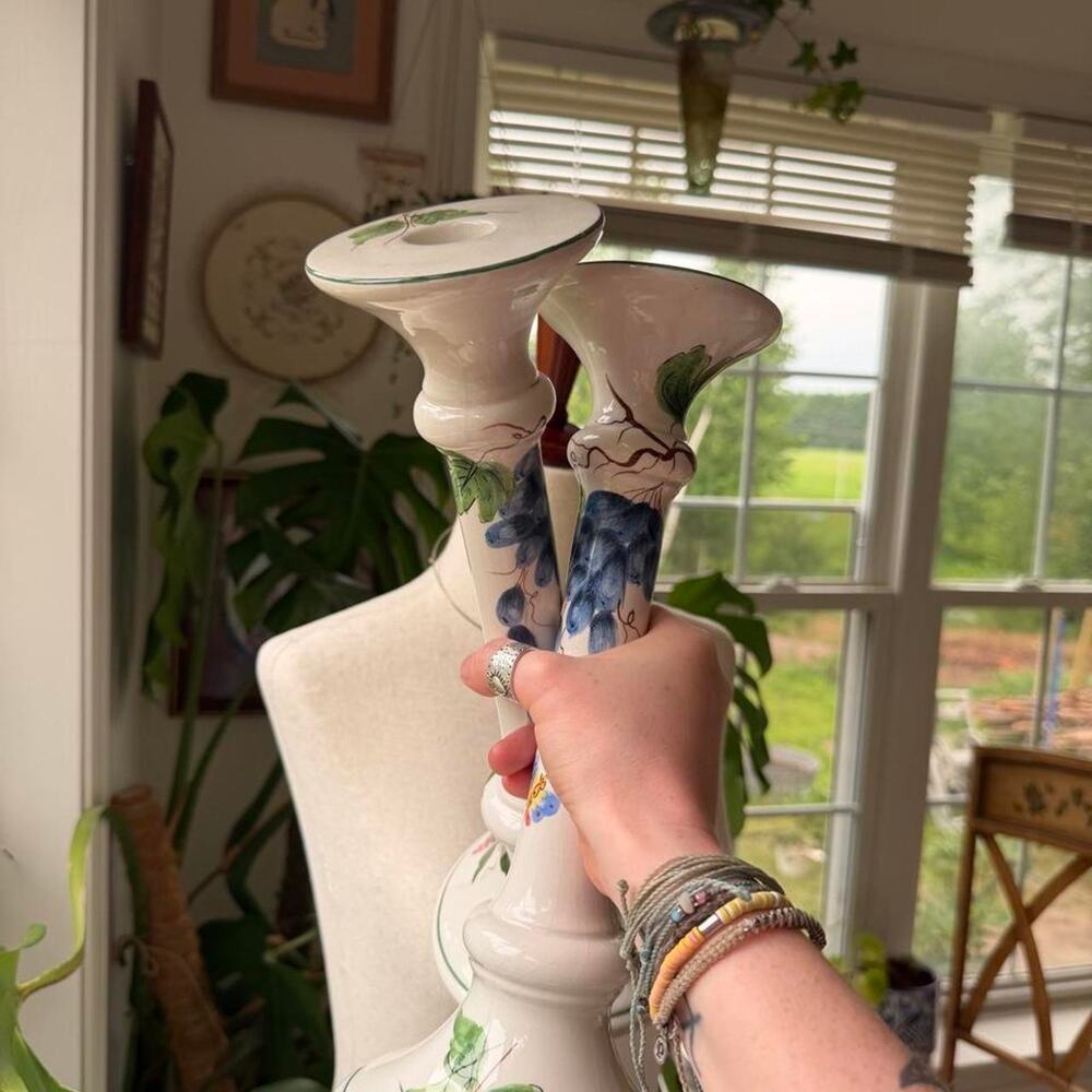 Hand painted whimsical woodland ceramic tall candlesticks